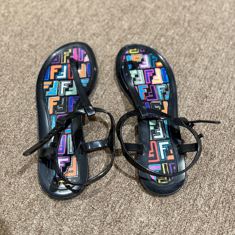 Fendi Logo Print Jelly Sandals Black Colorful FF Thong Sandals